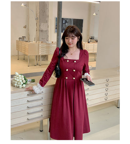 大きいサイズ レディース ダブルブレストのスクエアネックワンピース LL 3L 4L 5L