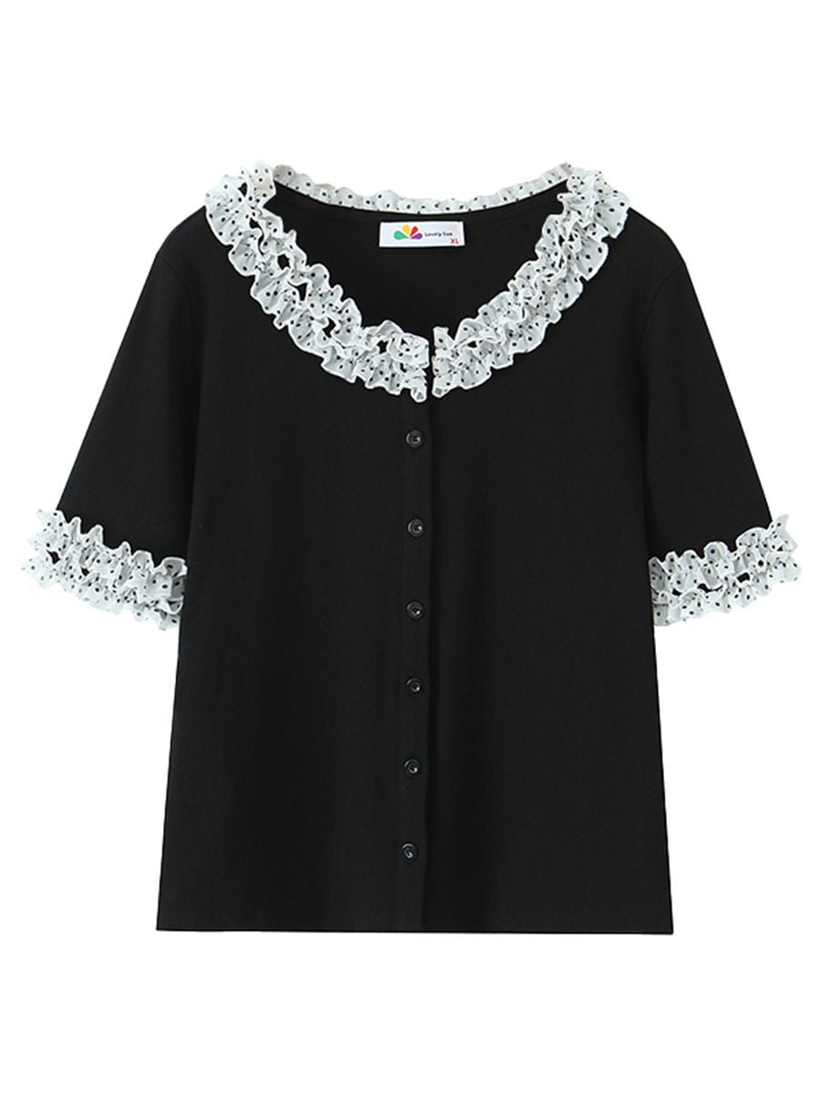 大きいサイズ レディース ドット柄レーストリム半袖トップス LL 3L 4L 5L