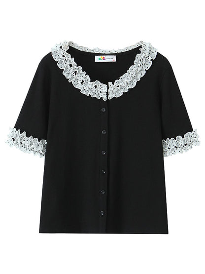 大きいサイズ レディース ドット柄レーストリム半袖トップス LL 3L 4L 5L