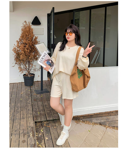 大きいサイズ レディース ゆるカジのスウェットトップス+ハーフパンツセット LL 3L 4L 5L