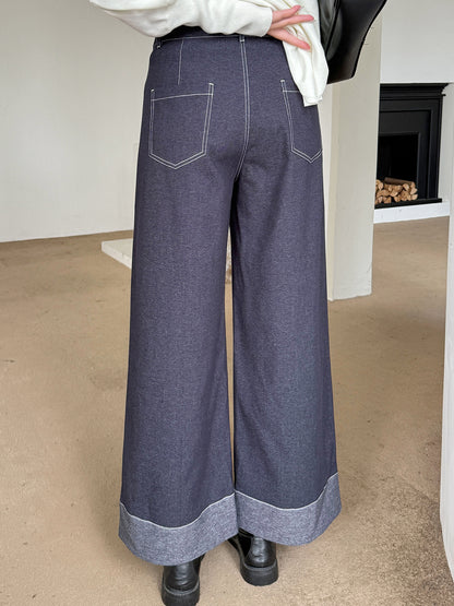大きいサイズ レディース フェイクデニム折り返しワイドレッグパンツ LL 3L 4L 5L