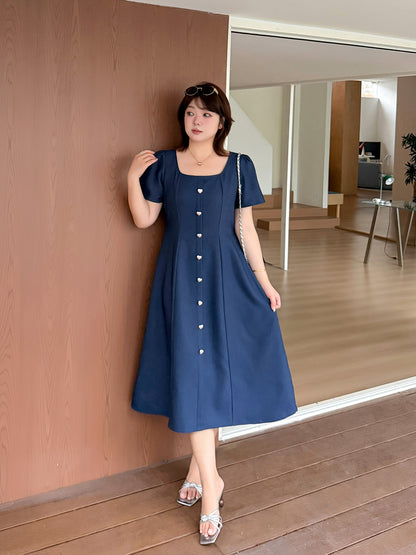 大きいサイズ レディース スクエアネックハートボタンワンピース LL 3L 4L 5L