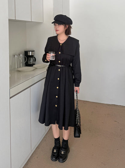 大きいサイズ レディース ビックラペルボタンダウンブラックワンピース（ベルト別売） LL 3L 4L 5L