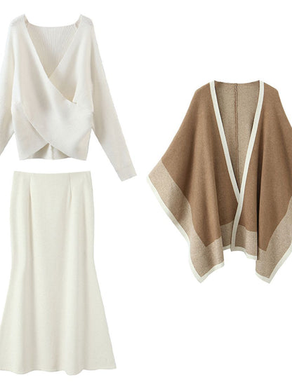 大きいサイズ レディース クロスオーバーVネックエレガントスリーピース（セーター+スカート+ショール） L LL 3L 4L F フリーサイズ