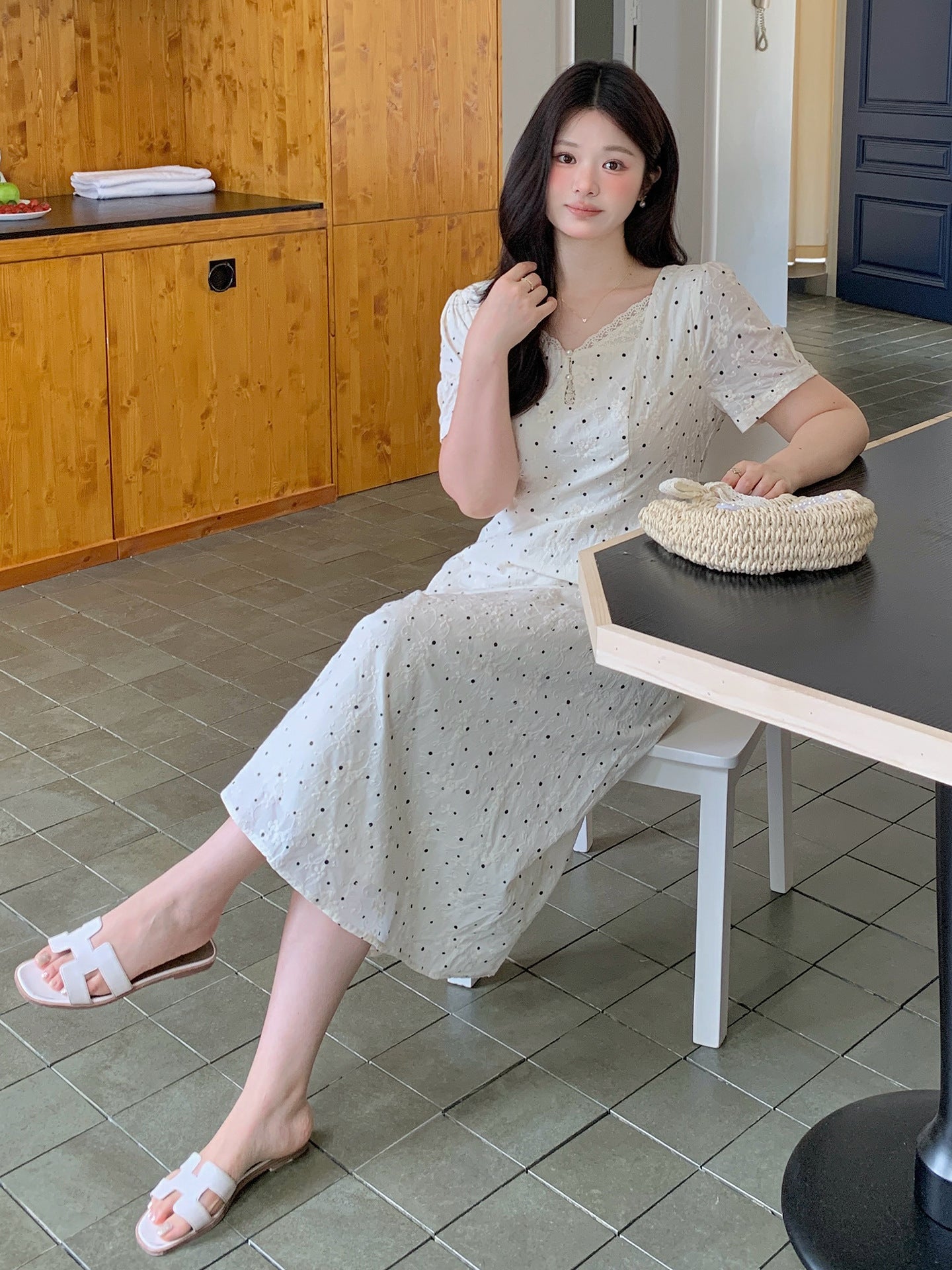 大きいサイズ レディース レースネックドット刺繍フレアワンピース LL 3L 4L 5L 6L