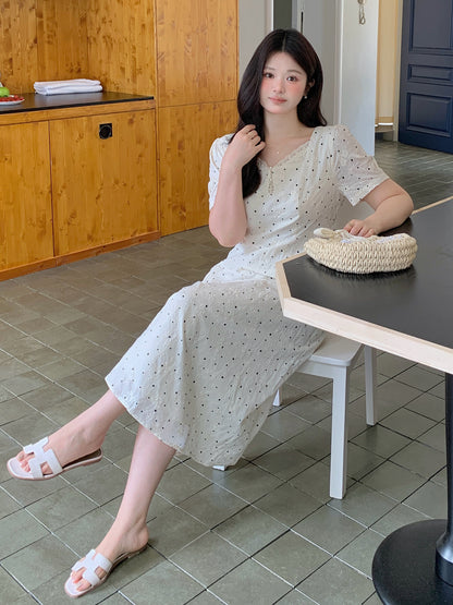 大きいサイズ レディース レースネックドット刺繍フレアワンピース LL 3L 4L 5L 6L