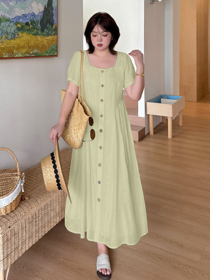 大きいサイズ レディース スクエアネック木目フラワーボタンマキシワンピース LL 3L 4L 5L