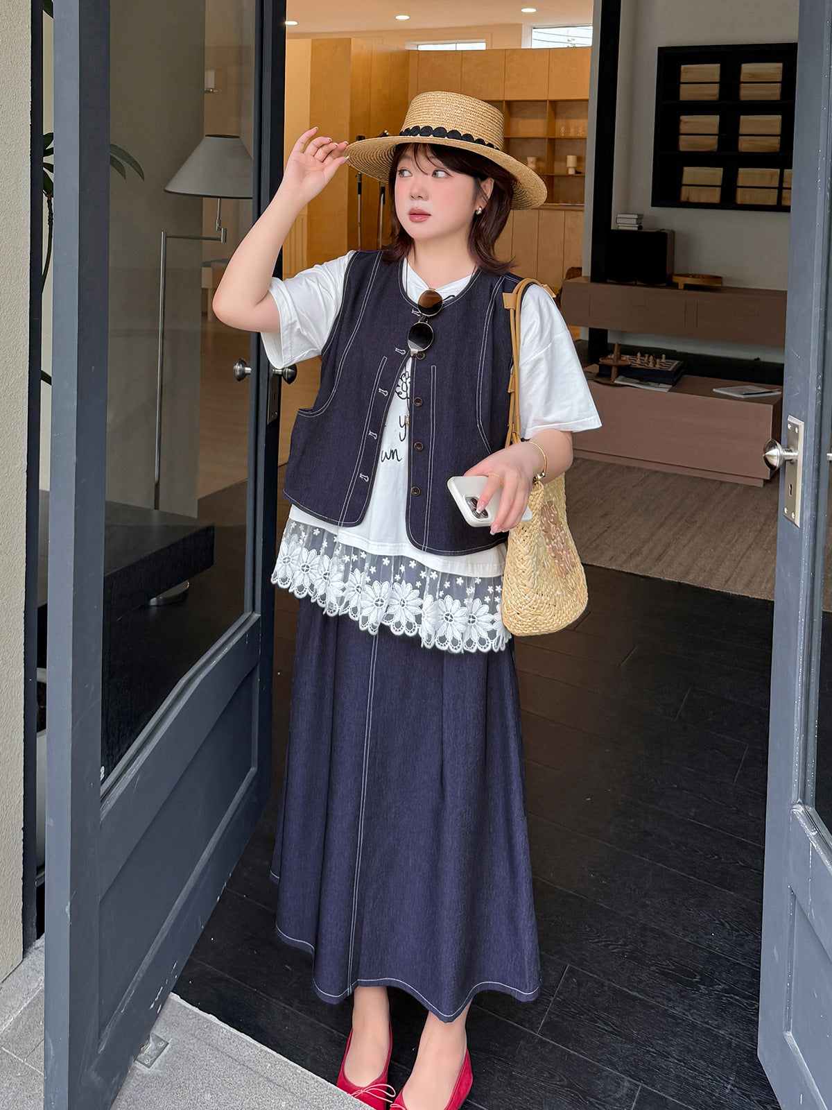 大きいサイズ レディース セットアップ（フェイクデニムステッチベスト＋スカート） LL 3L 4L 5L