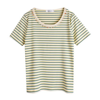 大きいサイズ レディース クルーネックストーン飾りストライプ半袖Tシャツ LL 3L 4L 5L