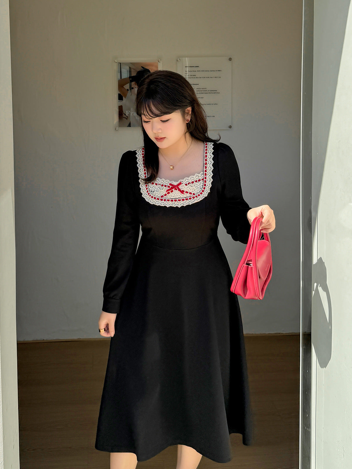 大きいサイズ レディース スクエアネックリボンレースワンピース LL 3L 4L 5L