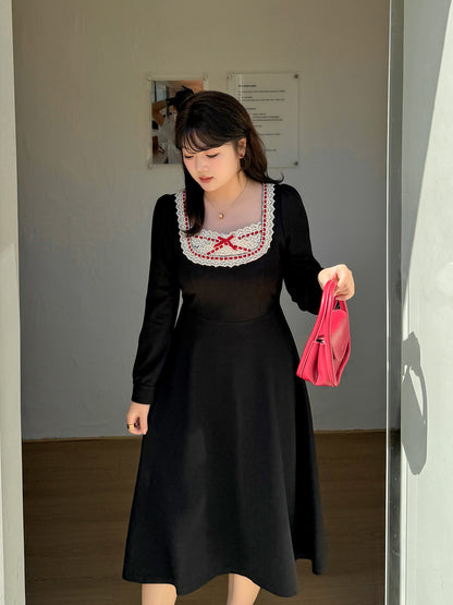 大きいサイズ レディース スクエアネックリボンレースワンピース LL 3L 4L 5L