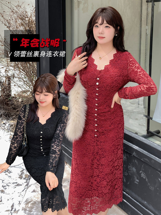 大きいサイズ レディース レースのVネックワンピース LL 3L 4L 5L