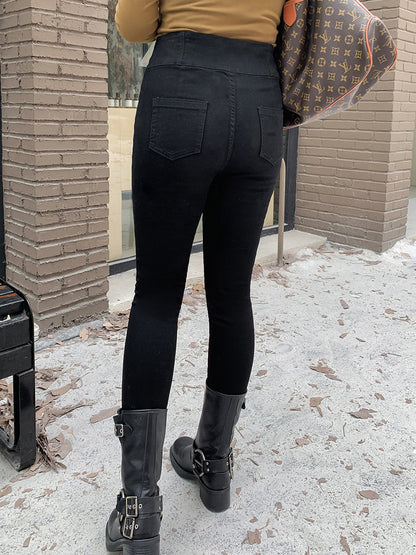 大きいサイズ レディース ハイウエストタイトブラック厚手デニムパンツ LL 3L 4L 5L