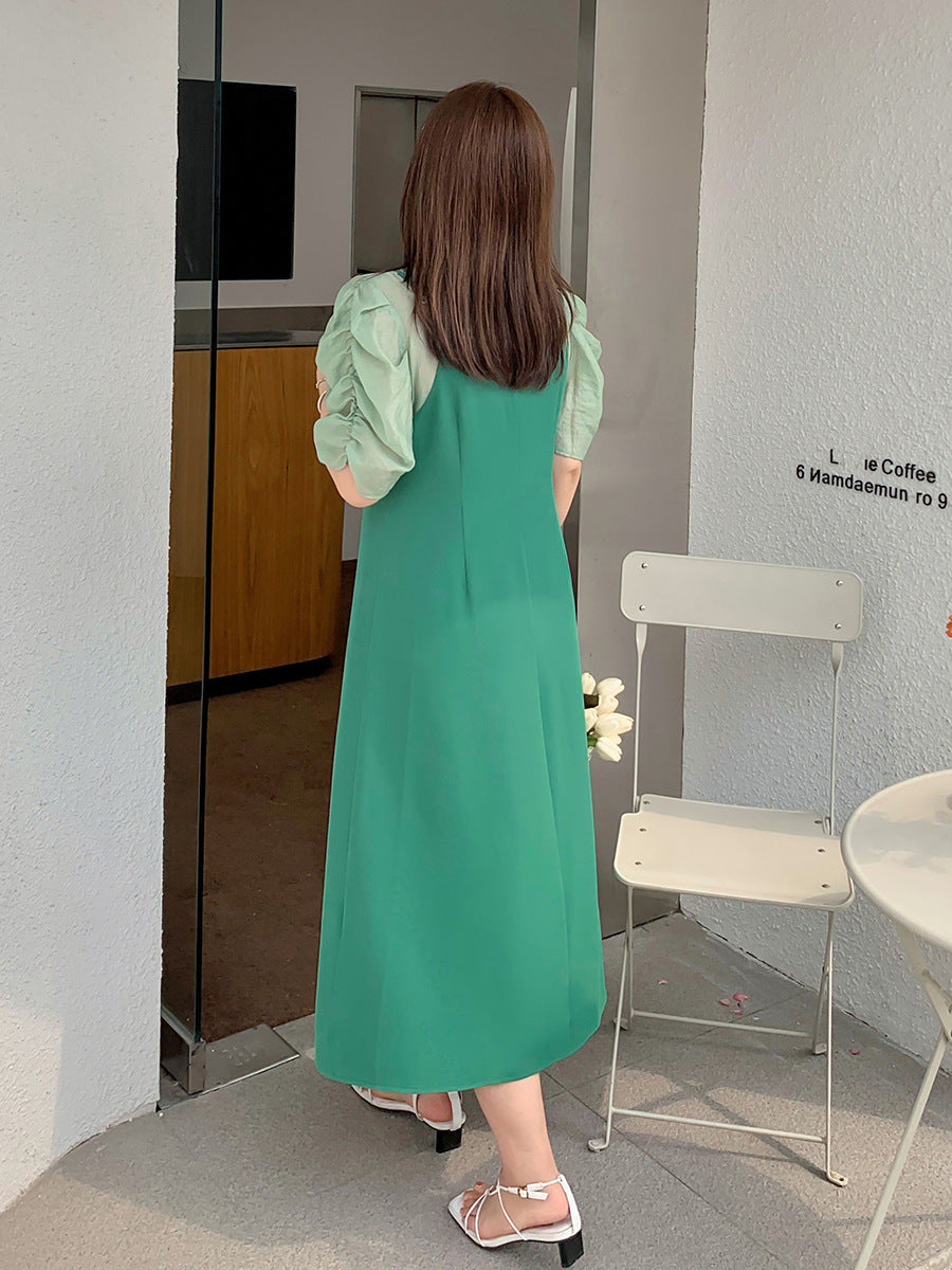 大きいサイズ レディース プリーツパフスリーブブラウス+サスペンダーワンピース LL 3L 4L 5L