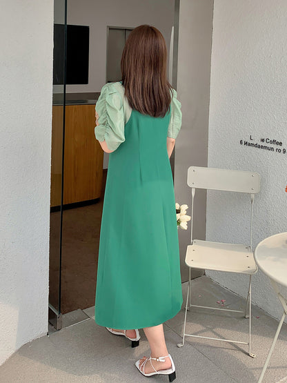 大きいサイズ レディース プリーツパフスリーブブラウス+サスペンダーワンピース LL 3L 4L 5L