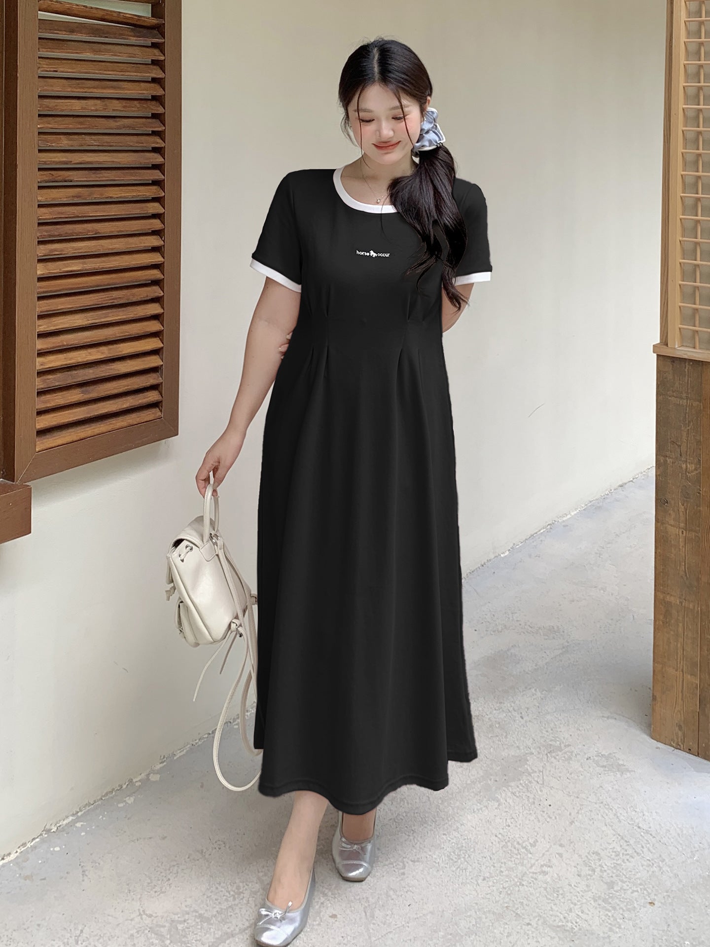 大きいサイズ レディース 配色ロゴウエストタックTシャツワンピース LL 3L 4L 5L 6L