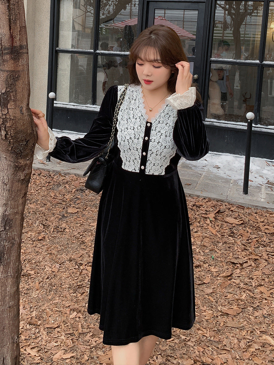 大きいサイズ レディース Vネックレースベルベットエレガントワンピース  LL 3L 4L 5L 6L