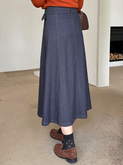 大きいサイズ レディース 起毛フェイクデニムベルト付ボタンダウンロングスカート LL 3L 4L 5L
