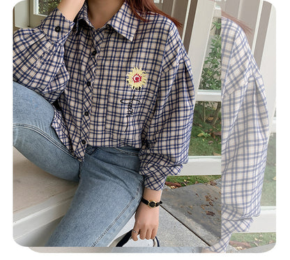 大きいサイズ レディース フラワープリントチェック柄シャツ LL 3L 4L 5L