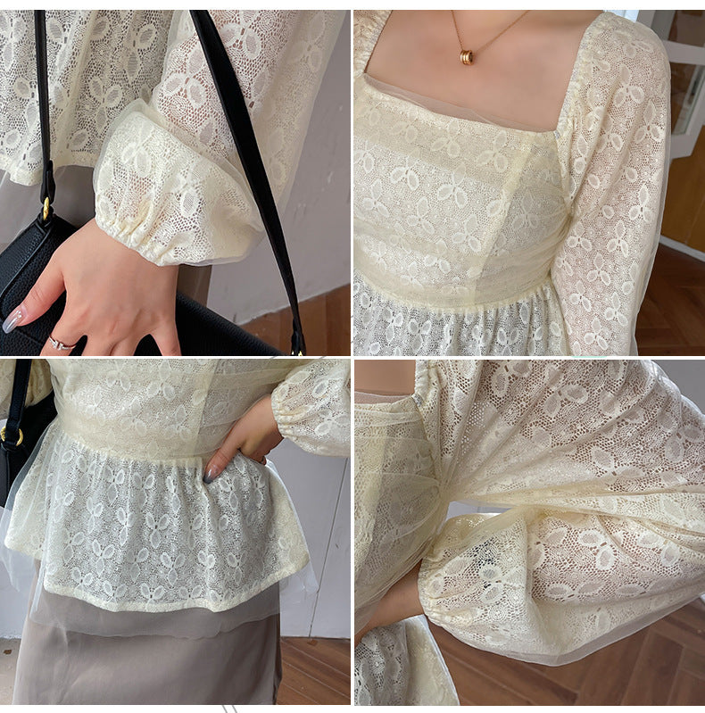 大きいサイズ レディース スクエアネックのペプラムレースブラウス LL 3L 4L 5L