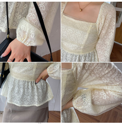 大きいサイズ レディース スクエアネックのペプラムレースブラウス LL 3L 4L 5L