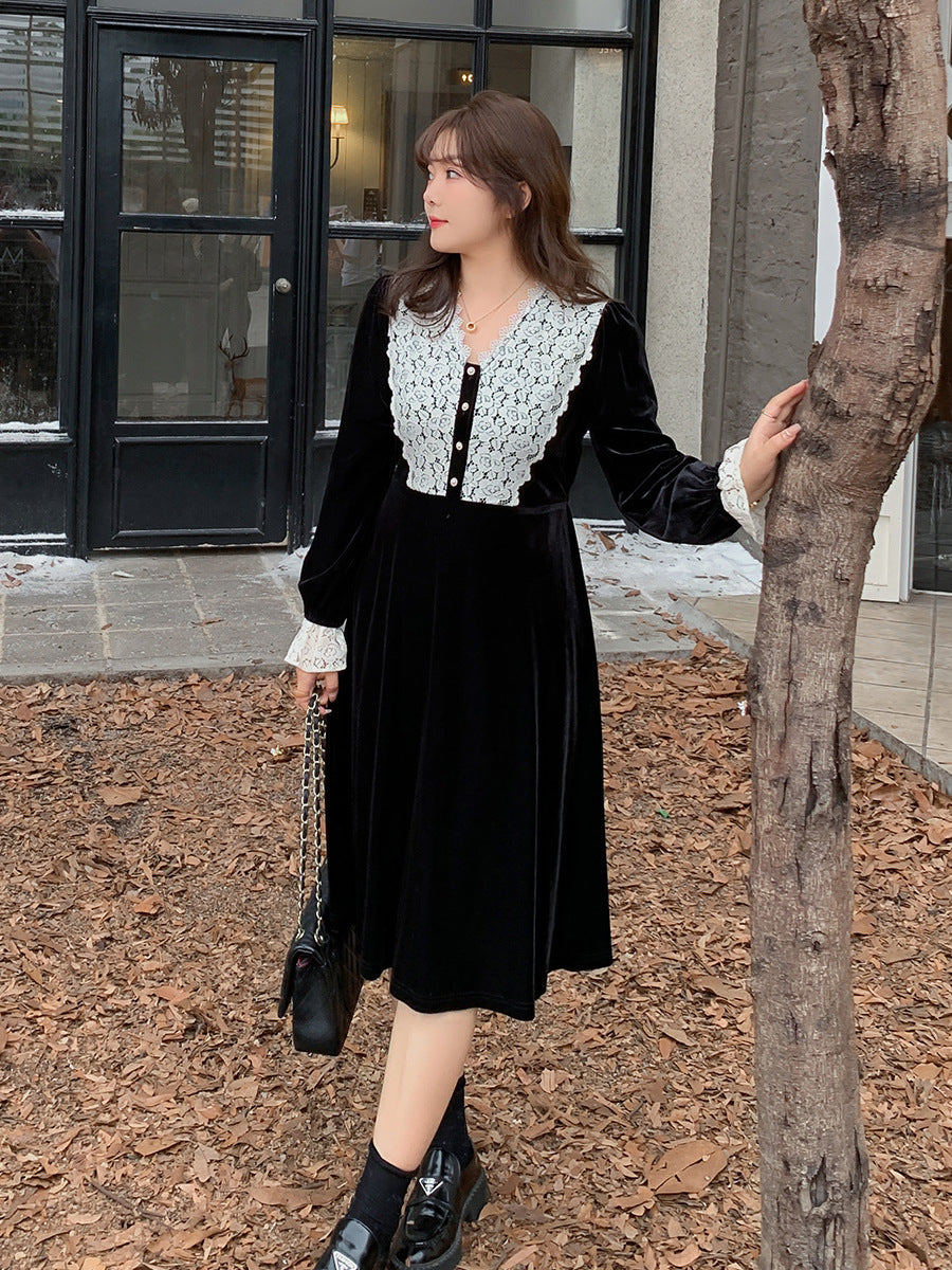 大きいサイズ レディース Vネックレースベルベットエレガントワンピース  LL 3L 4L 5L 6L