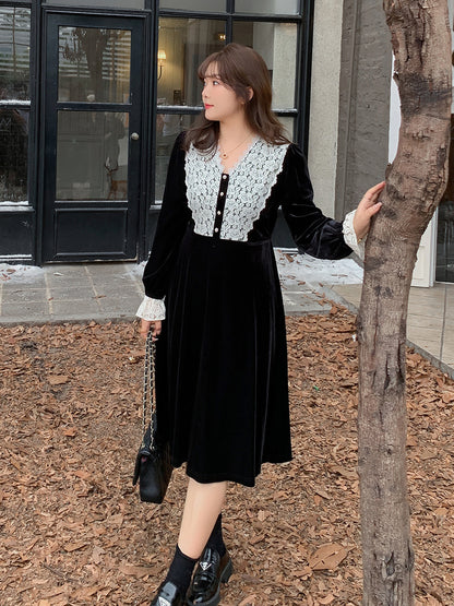 大きいサイズ レディース Vネックレースベルベットエレガントワンピース  LL 3L 4L 5L 6L