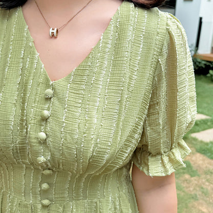 大きいサイズ レディース Vネックフリルシフォンプリーツワンピース LL 3L 4L 5L