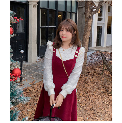 大きいサイズ レディース コーデュロイのレトロワンピース+フリルパフスリーブブラウス LL 3L 4L 5L