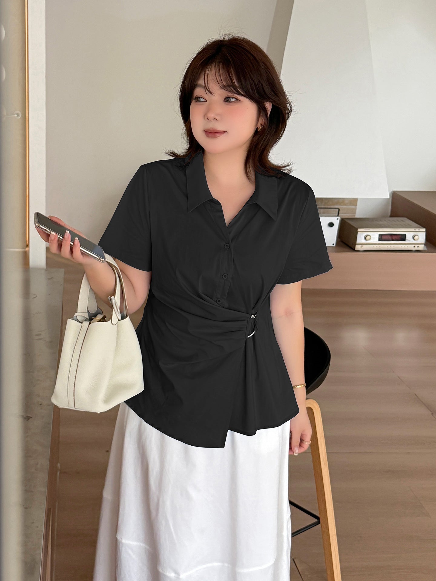 大きいサイズ レディース サイドリングバックル半袖カラーシャツ LL 3L 4L 5L 6L