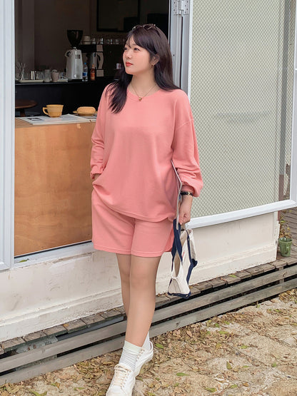 大きいサイズ レディース ゆるカジのスウェットトップス+ハーフパンツセット LL 3L 4L 5L