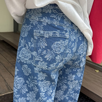 大きいサイズ レディース ヴィンテージ風ジャカードデニムワイドレッグパンツ LL 3L 4L 5L