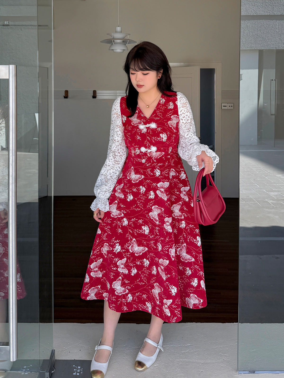 大きいサイズ レディース フェイクツーピースバタフライ刺繍レースワンピース LL 3L 4L 5L