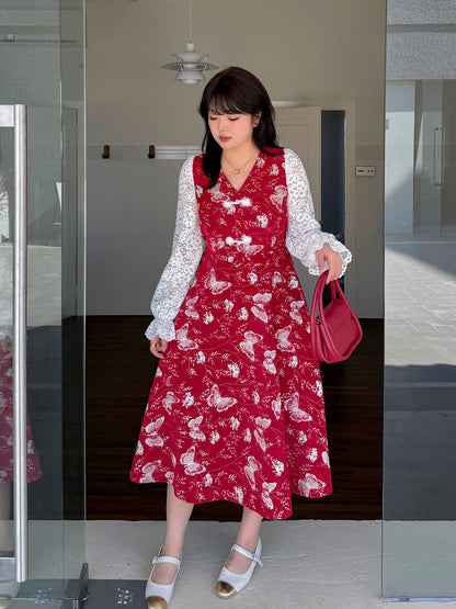 大きいサイズ レディース フェイクツーピースバタフライ刺繍レースワンピース LL 3L 4L 5L