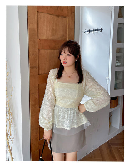 大きいサイズ レディース スクエアネックのペプラムレースブラウス LL 3L 4L 5L