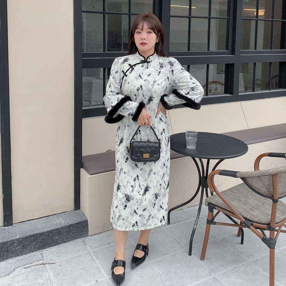 大きいサイズ レディース ファー付きレトロプリントチャイナドレス LL 3L 4L 5L