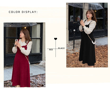 大きいサイズ レディース コーデュロイのレトロワンピース+フリルパフスリーブブラウス LL 3L 4L 5L