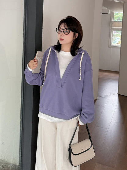 大きいサイズ レディース フード付き厚手フェイクツーピースカジュアルスウェットシャツ LL 3L 4L 5L