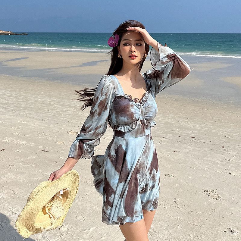 大きいサイズ レディース シアースリーブリボンフレアワンピース水着 LL 3L 4L 5L 6L
