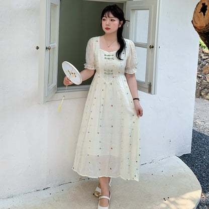 大きいサイズ レディース フレンチスクエアネックのフラワー刺繍ワンピース LL 3L 4L 5L