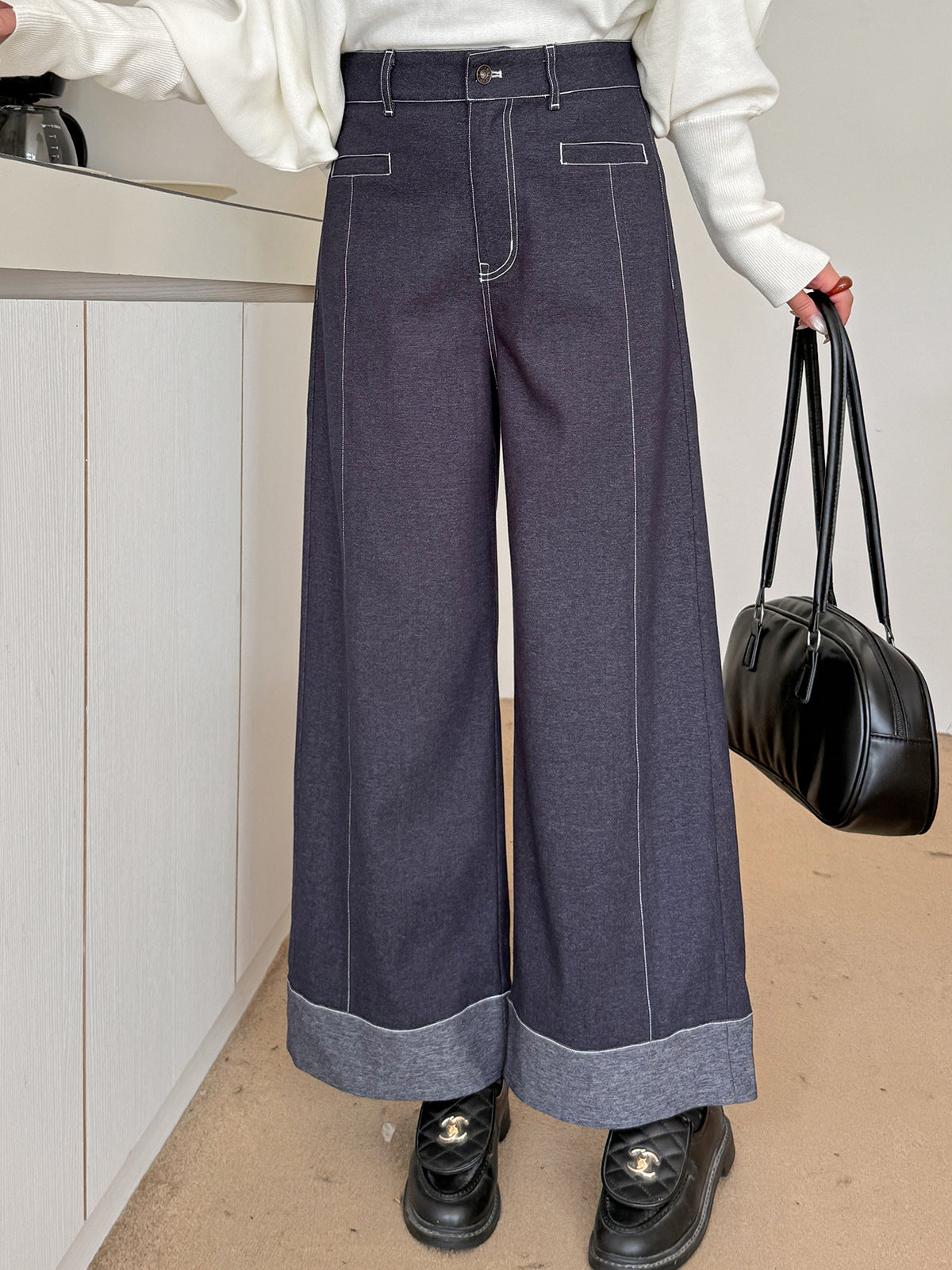 大きいサイズ レディース フェイクデニム折り返しワイドレッグパンツ LL 3L 4L 5L