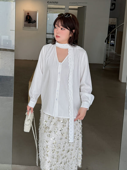 大きいサイズ レディース レースリボンフレンチホワイトブラウス LL 3L 4L 5L