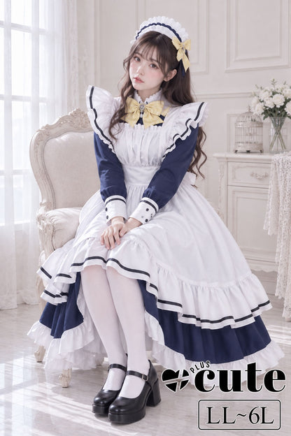 大きいサイズ レディース フリルエプロン付きロングメイド服コスチューム LL 3L 4L 5L 6L 1