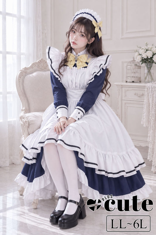 大きいサイズ レディース フリルエプロン付きロングメイド服コスチューム LL 3L 4L 5L 6L 1