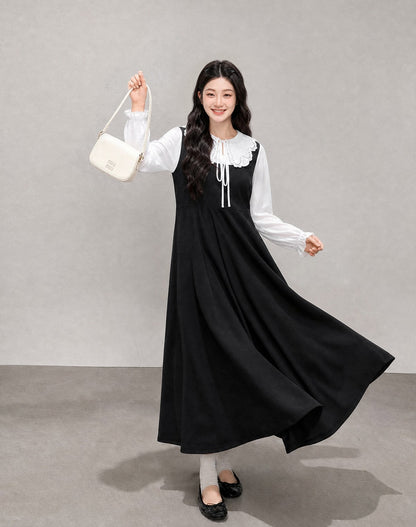 大きいサイズ レディース 刺繍レース襟ドッキングロングワンピース LL 3L 4L 5L 6L 5