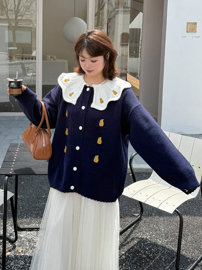 大きいサイズ レディース 洋梨刺繍ビッグカラーニットカーディガン フリーサイズ 2