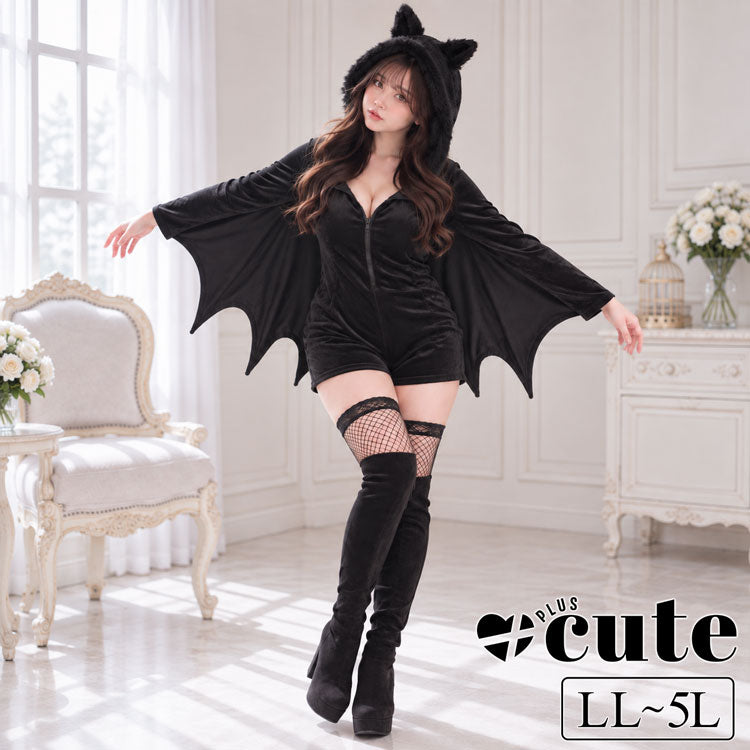 大きいサイズ レディース 猫耳フード付きバットウィングコスチューム LL 3L 4L 5L