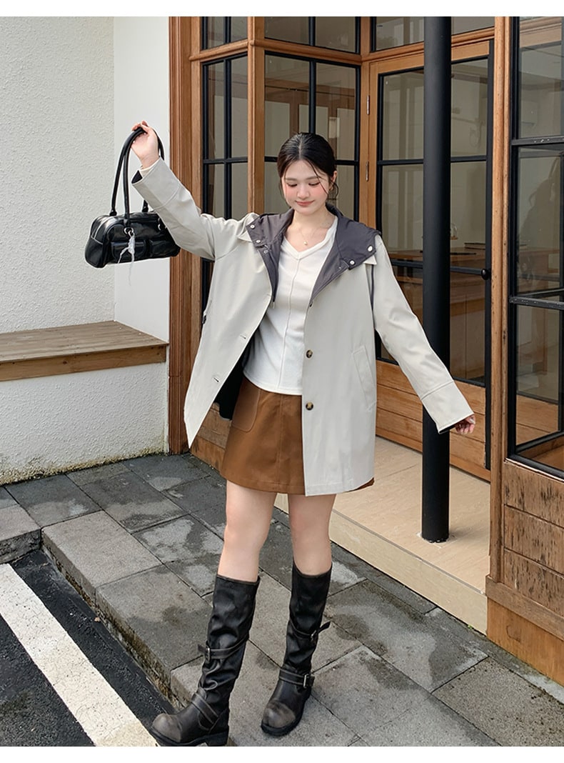 大きいサイズ レディース 配色フード付きステンカラーコート LL 3L 4L 5L 3