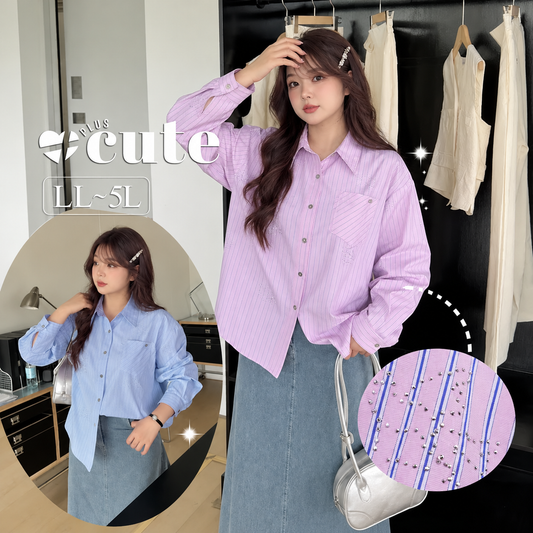 大きいサイズ レディース スタッズ付ストライプシャツ LL 3L 4L 5L