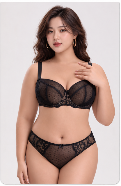 大きいサイズ レディース レース×ドットメッシュブラジャー＆ショーツセット 75-95DEFGHIJ